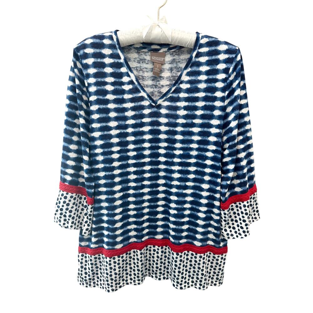 CHICO’S Blue Ikat Polka Dot Mixed Print Tunic Top Boho V Neck | Size 1 Medium